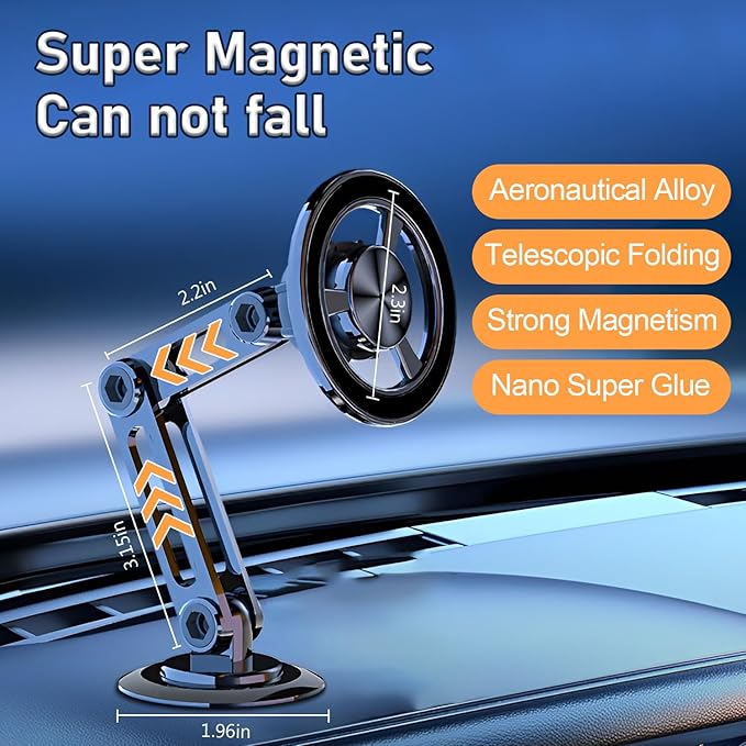 Universal 360° PRO Magnetic Suction Phone Holder Car,Alloy Folding Magnetic Cell Phone Holder for Car [Super Strong Magnet] Bracket Magnetic Dashboard Phone Car Mount for All Smartphone (Black)