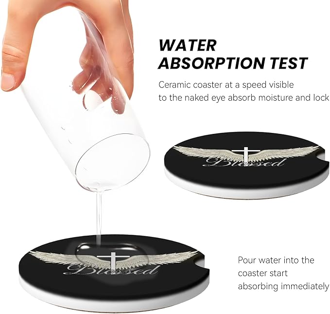 HUWAAI Blessed Cross Wing Car Cup Holder Coasters 2 Pack Universal 2.63 Inch Anti Slip Ceramic Absorbent Coaster with Cork Base and Finger Notch Cute Car Accessories Interior for Women