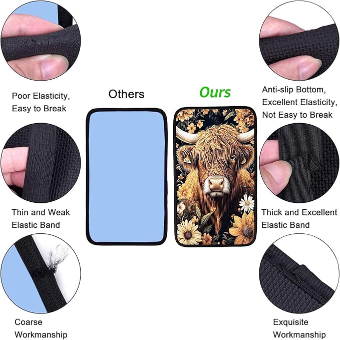 JANENFNA Car Armrest Cover Pads Universal Fashion Cute Auto Center Console Armrest Cover Pad with 2PCS Car Coasters Soft Waterproof Car Armrest Seat Protector for Women,Highland Cow with Flowera