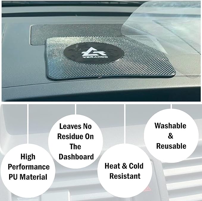 A VERANCO Car Dashboard Mat, 5.5x6.3 inches, PU Gel Material, Black, Universal Fit, Multifunction Anti-Slip Mat for Phone Holder, Radar Detector, Keys, Sunglasses etc