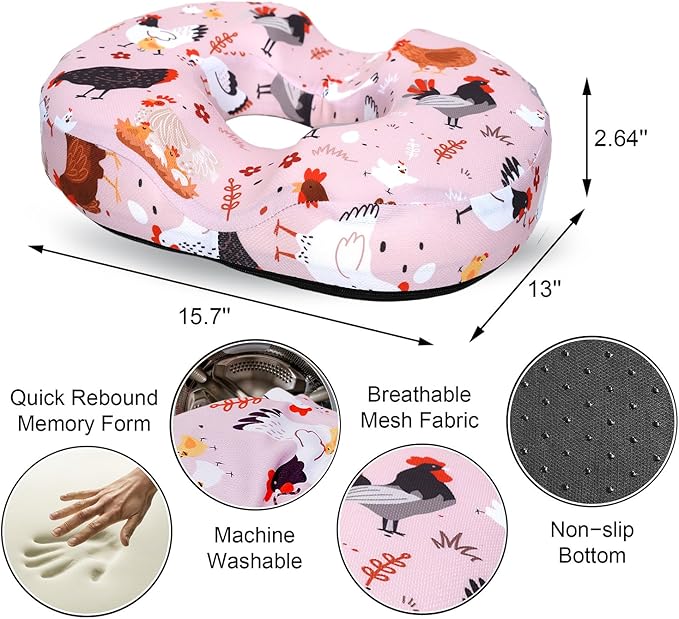 Donut Pillow for Hemorrhoids Seat Cushion for Tailbone Pain Relief - Chicken Rooster Home Office Chair Cushion for Long Sitting Work - Memory Foam Car Seat Cushions for Driving Butt Pain Pressure