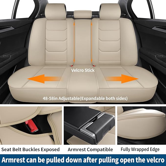 SCOMEE Beige Leather Car Seat Covers Full Set Breathable Seat Protectors Waterproof Automotive Seat Covers Universal Fit for Most Cars SUVs Trucks Vehicles