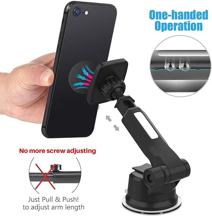 WixGear Universal Magnetic Car Mount Holder, Windshield Mount and Dashboard Mount Holder for Cell Phones and Tablets with Long Arm – (New Version Telescopic Arm)