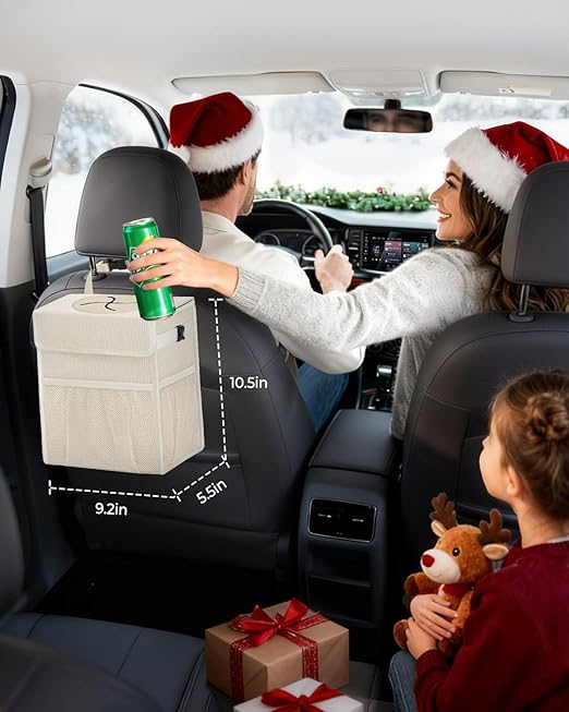 HORJONES Corduroy Car Trash Can with Lid and Mesh Pockets - Leakproof Organizer,Multipurpose Waterproof Garbage Can/Trash Bin for Car(Off-White-2 Gallons)