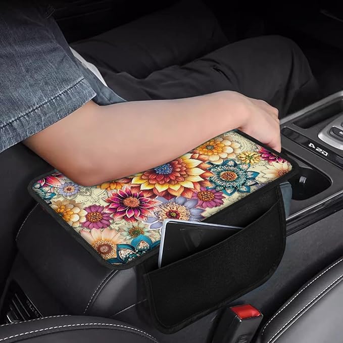 CLOHOMIN Dahlia Car Center Console Armrest Cushion Soft Armrest Cushion Pad Flowers Armrest Cover Fit for Most Vehicles Auto Decorative Accessories