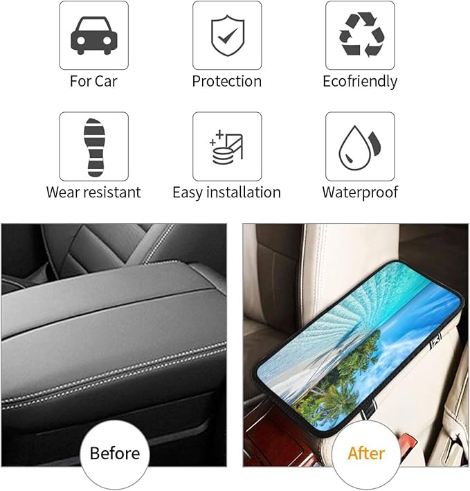 DORKEIXIA Beach Tropical Palm Tree Waves Travel Island Auto Center Console Armrest Pad Universal Car Center Console Cover Seat Box Cover for Sedan, Van, SUV, Truck Car Accessorie