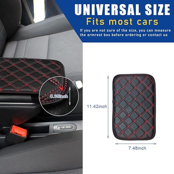 Ziciner Car Leather Center Console Cushion Pad, Comfortable Waterproof Armrest Seat Box Cover Protector, Auto Interior Protection Accessories, Universal for Most Vehivles, SUV,Truck (Black/Red Line B)