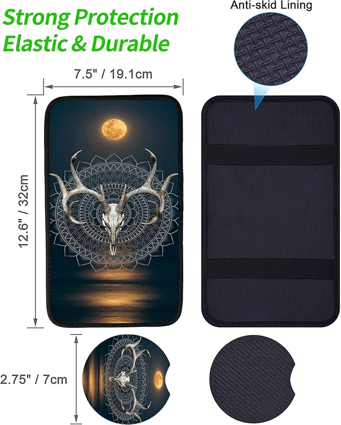 JANENFNA Car Armrest Cover Pads Universal Fashion Cute Auto Center Console Armrest Cover Pad with 2PCS Car Coasters Soft Waterproof Car Armrest Seat Protector for Women,Deer Buck Skull