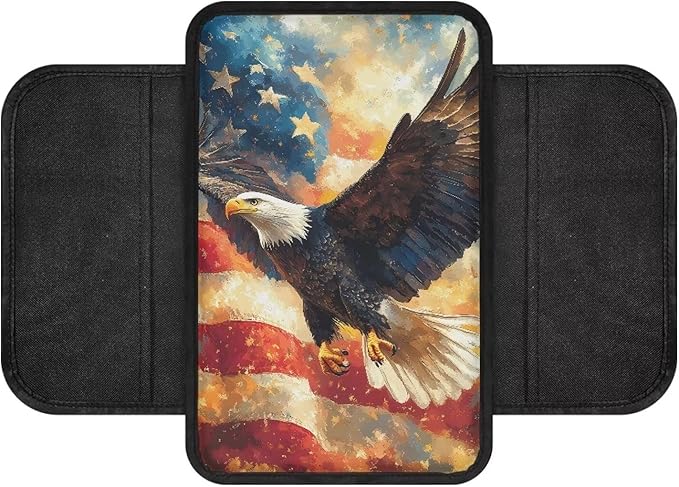 Dreaweet Center Console Cover American Flag Bald Eagle Design Arm Rest Cover for Car Soft Comfortable Center Console Cushion with Pockets Car Armrest Seat Box Cover Protector