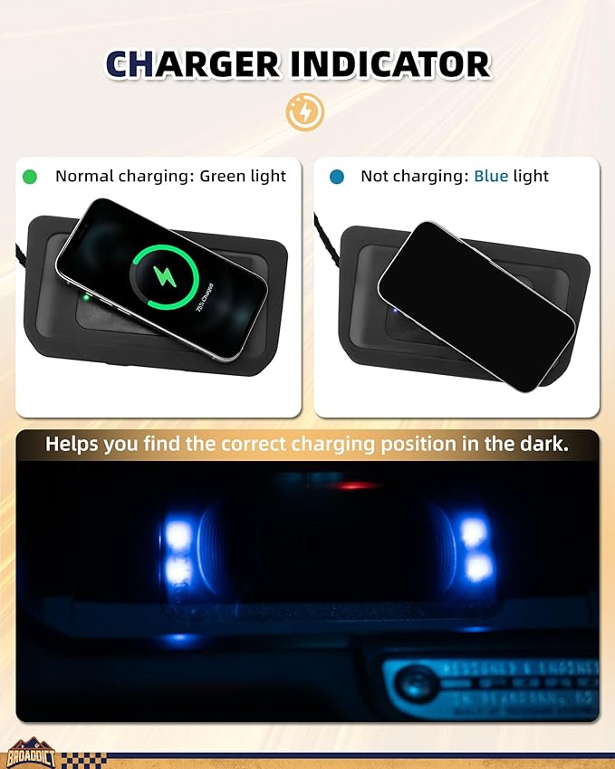 20W Wireless Charging Pad fit for Ford Bronco 2021 2022 2023 2024 2025 2/4-Door Console Wireless Charger Fit for Bronco Accessories Metal Heat Dissipation Without Noise
