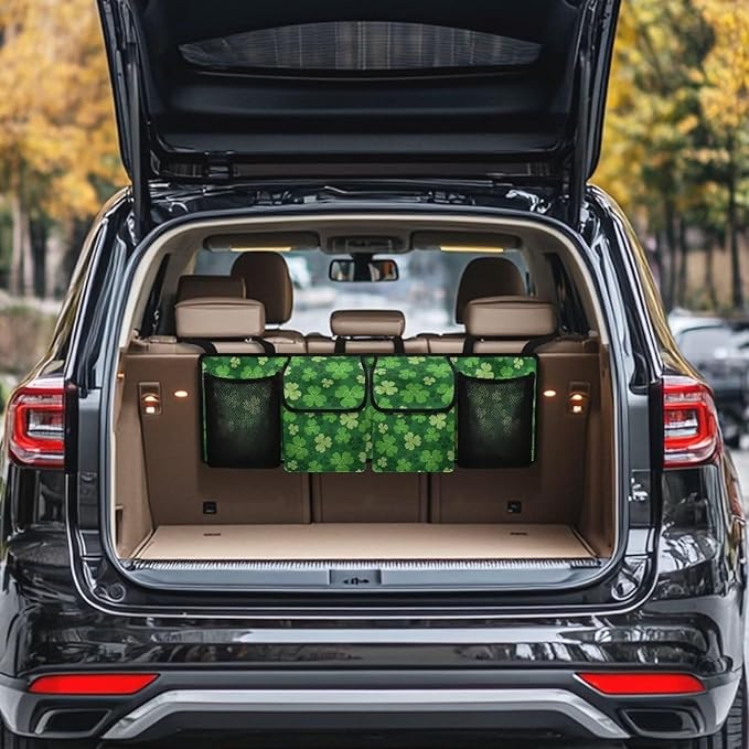 Green Lucky Leaf Car Trunk Organizer, St. Patrick's Day Hanging Seat Back Storage Organizer with Large Pockets, Space-Saving Backseat Car Organizer, Large Capacity Collapsible Bag