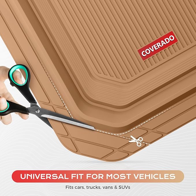 Coverado Car Floor Mats Heavy Duty, Deep Dish All-Weather Beige Mats, Universal Waterproof Trim to Fit Automotive Mats for Cars SUV Trucks, Durable Floor Liner Car Accessories, Full Sets, 3pcs