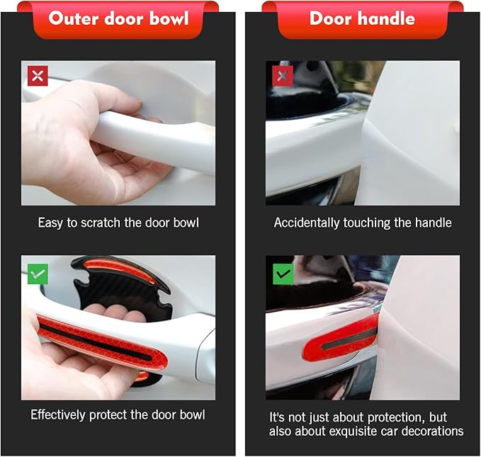 8 PCS Car Door Handle Protector Sticker, PVC Carbon Fiber Reflective Door Bowl & Handle Decoration Decal, Anti-Scratch Car Handles Sticker, Universal for Most Cars (Red)