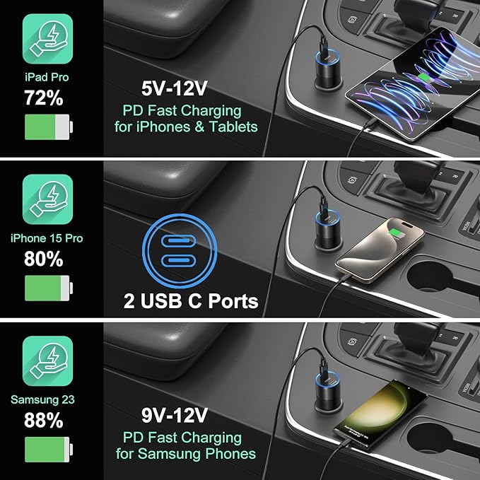 5 Pack USB C Car Charger, Bangfun 40W Dual Port 12V USB C Car Charger Cigarette Lighter Adapter PD 3.0 Fast Charge Type C Car Phone Charger for iPhone 17 16 15 14 13 12 Pro Max iPad,Samsung S24(Black)