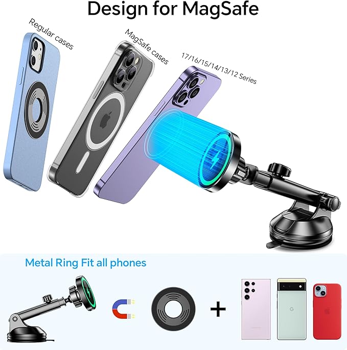 Coolpow for MagSafe Car Mount Charger【Ultra Magnet】Magnetic Phone Holders for Your Car Charger【Windshield+Vent+Dash】Magnetic Wireless Car Phone Holder Mount Charger Car Accessories for iPhone 17 16 15