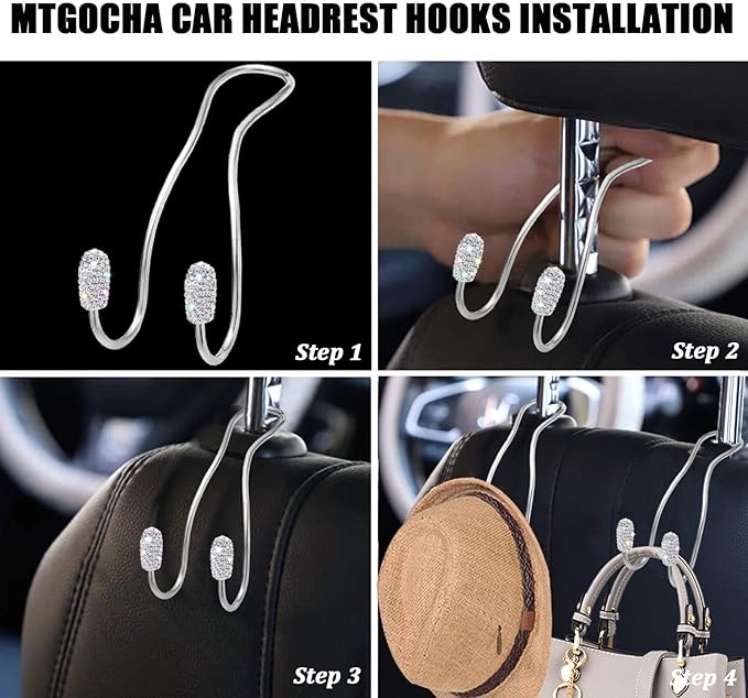 MTGOCHA Car Headrest Hooks Car Purse Hook(2 Pack),Bling Car Bag Hooks, Car Hook for Purses and Bags Cute Metal Car Purse Holder Hook, Bling Car Accessories for Women, Silver