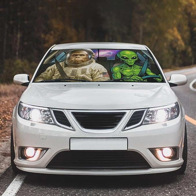 DOPINDU Funny Alien Astronaut Car Windshield Sun Shade Umbrella Bendable Handle Foldable Funny Sunshade for Car Windshield Block UV Rays Keep Vehicle Cool for Most Sedans SUV Trucks Cars 57"x30"