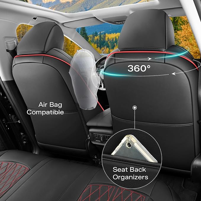 DuDuWang Seat Covers Custom Fit for 2024-2025 Tacoma Pickup Truck Seat Cover Protector Cushion with Faux Leather Waterproof (BlackRedLine, Full Set)