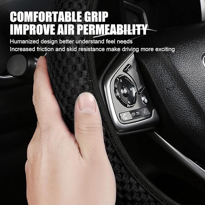 Pack-1 Car Steering Wheel Cover, Ice Silk 3D Massage Mesh Breathable Without Inner Ring Steering Wheel Cover, Elastic Easy Grip Anti-Slip Protector for 14.5"-15", Universal for Cars (Black)
