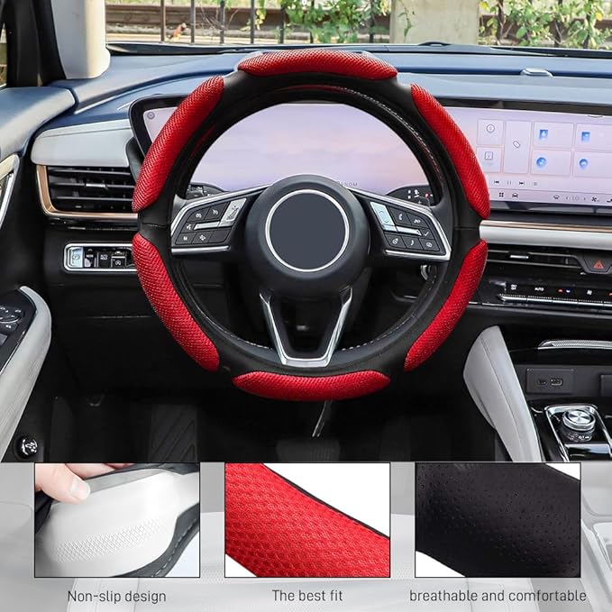 Car Steering Wheel Cover, Breathable Sporty Auto Wheels Wrap, 15 Inch Suede Steering Wheel Protector with Comfortable Grip, Steering Wheel Cover Hand Pad Cushion Slip-on for Cars (Red)