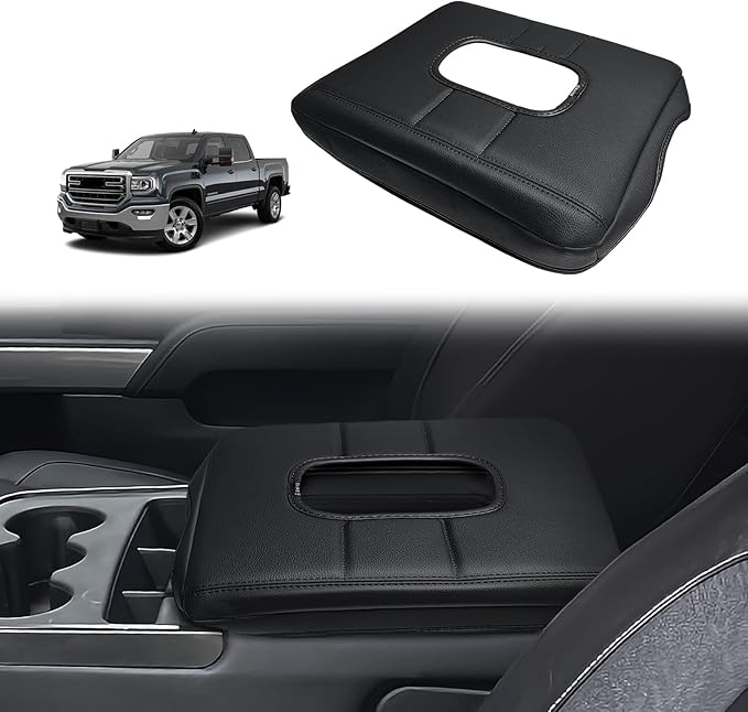 Muslogy Center Console Armrest Cover Compatible with Chevy Silverado & GMC Sierra 1500 2500 3500HD 2014-2018 Comfort Armrest Pad Vegan Leather Protector Regular Thick(Split Bench Jump Seat ONLY)