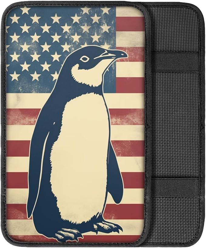 Car Center Console Pad, Universal Waterproof Car Armrest Seat Box Cover, Car Interior Accessories for Most Vehicle SUV Truck Vintage American Flag Penguin Car Armrest Pad