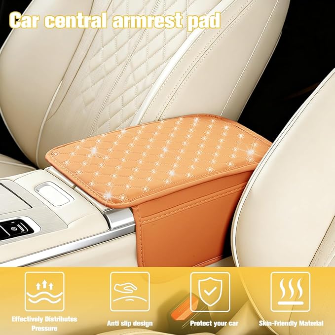 Car Center Console Cover, Leather Vehicle Armrest Storage Box Protector with 2 Storage Bags, Automotive Interior Middle Console Cushion Pad, Universal for SUV Sedan Truck (Yellow)