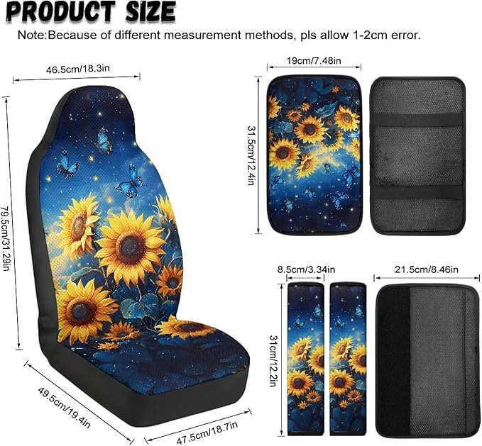 Qeluxign 5 Piece Car Accessories Set with 2 PU Leather Seat Covers, Sunflower Blue Butterfly 2 Belt Pads & 1 Armrest Cover Fit for Most Vehicles Easy Install & Clean