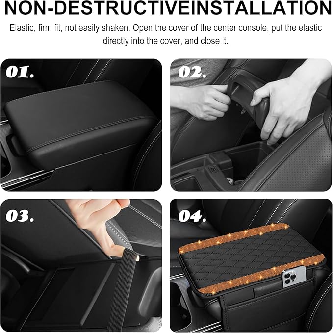 Bling Car Center Console Cover, Leather Car Arm Rest Cover Cushion with 2 Storage Bags, Universal Auto Armrest Protector Storage Box, Bling Accessories Interior for Most Vehicles (Orange Diamond)