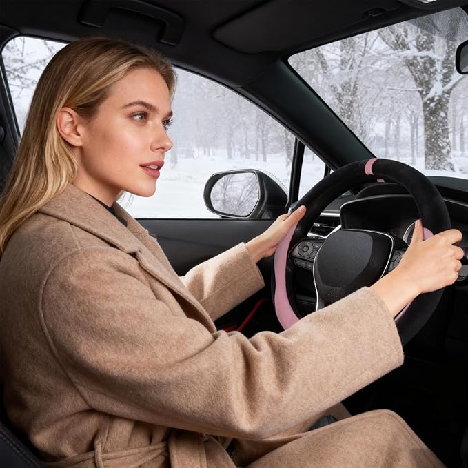 COFIT Plush Steering Wheel Cover Winter, Soft Warm Furry Grip Protector for Cars SUVs Trucks, Fits 14.5-15 Inch, Non-Slip Interior Accessory, Pink