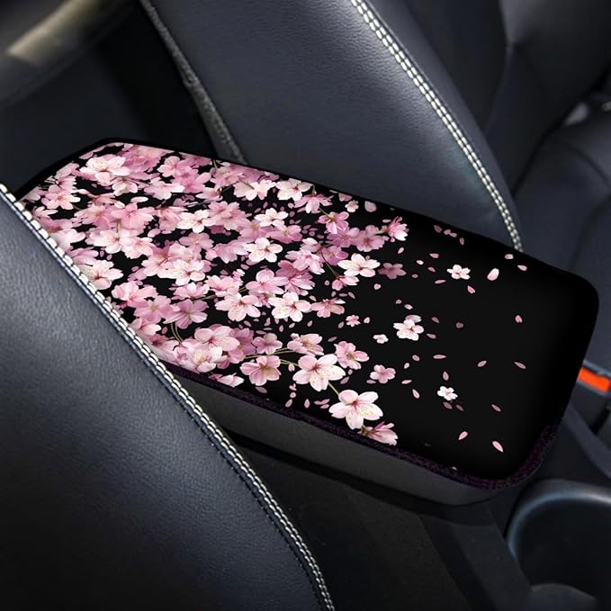 Cherry Blossom on Black Auto Center Console Cover Arm Rest Cover for SUV Truck,Soft Car Arm Rest Cover Universal Fit
