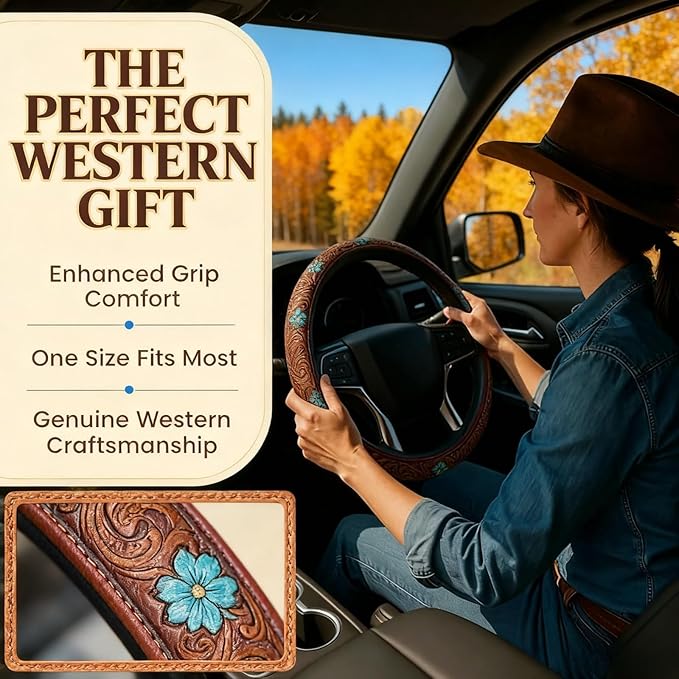 Retro Western Cowboy Car Universal Steering Wheel Cover – Western Steering Wheel Cover for Men & Women - 15 Inch Embossed Leather Anti-Slip Grip–Universal Fit for Truck, SUV, Car (A)