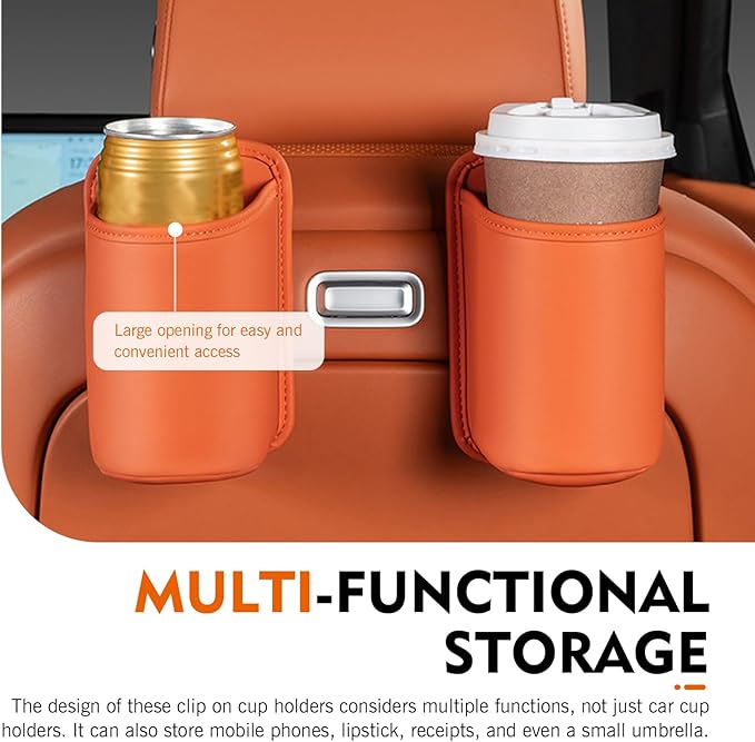 2PCS Car Headrest Cup Holder for Back Seat, PU Leather Premium Storage Accessory, Multi-Functional Anti-Spill Cup Storage Box with Hooks for Bags, Universal for Most Cars (Orange)