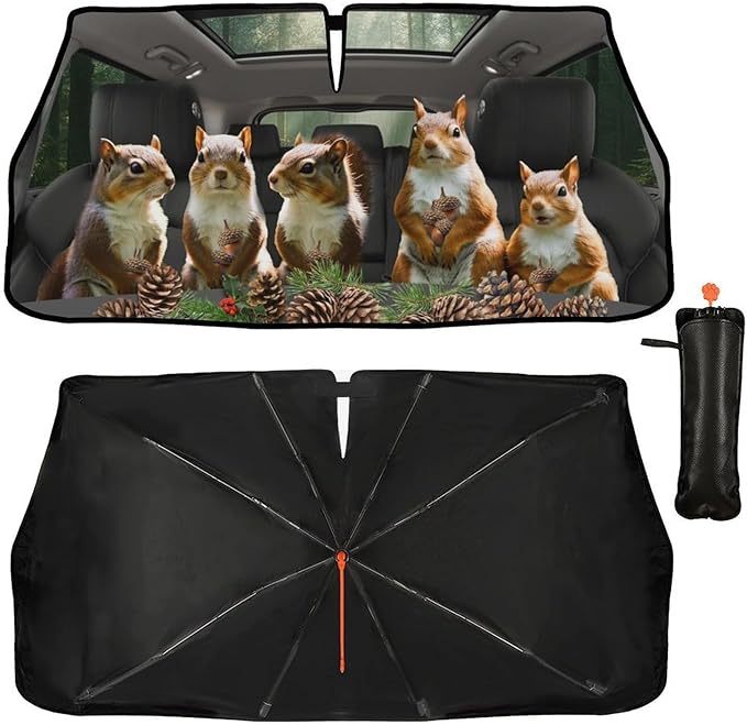DOPINDU Funny Animal Squirrel Car Windshield Sun Shade Umbrella Bendable Handle Foldable Squirrel Sunshade for Car Windshield Block UV Rays Keep Vehicle Cool for Most Sedans SUV Trucks Cars 57"x30"