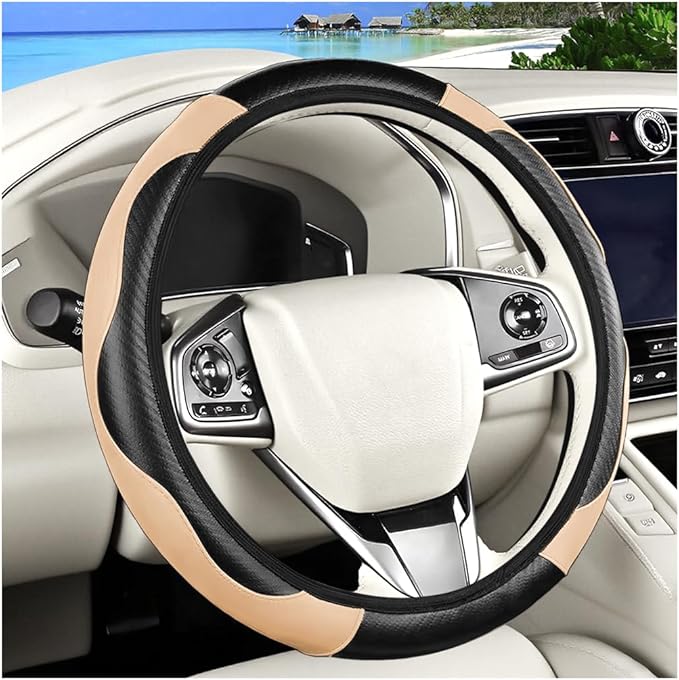 Carbon Fiber Car Steering Wheel Cover, 14.5-15 Inch Elastic Stretch Steering Wheel Guard, Sports Style Non-Slip Automotive Interior Accessories, Universal for Vehicles (Black/Beige)