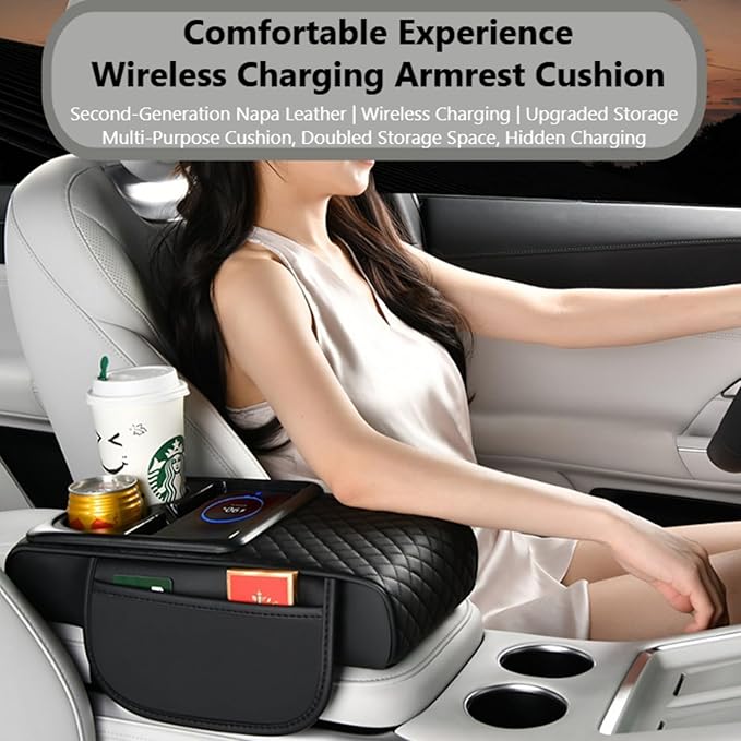 Car Armrest Pad with Built-in Induction Charging, Leather Center Console Cushion with 15W Power Pad, Dual Cup Holders, Storage Pockets - Beige