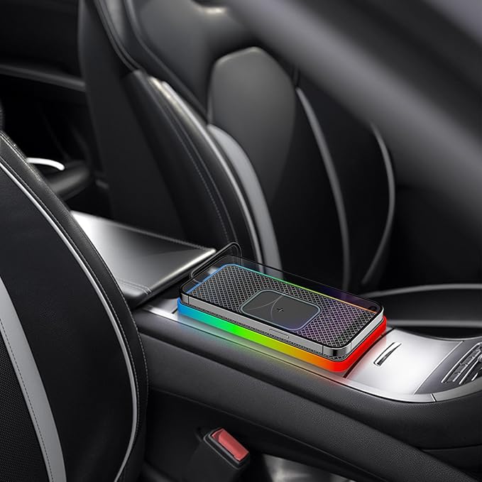 Magnetic Wireless Car Charging Pad 20W with RGB LED Light, Non Slip Fast Wireless Charger Mat for 17/16/15/14/13/12, Charging Pad