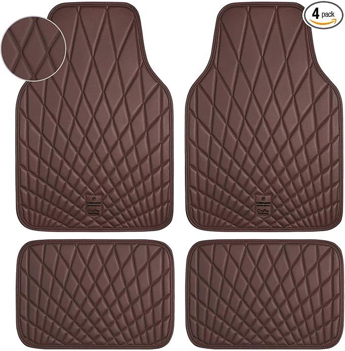 CAR PASS Luxury Faux Leather Floor Mats for Cars, Waterproof All Weather Car Mats Full Set, Anti-Slip Deluxe Automotive Floor Mats Universal Fit for Most SUV Vans Sedans Trucks, 4 Piece Brown