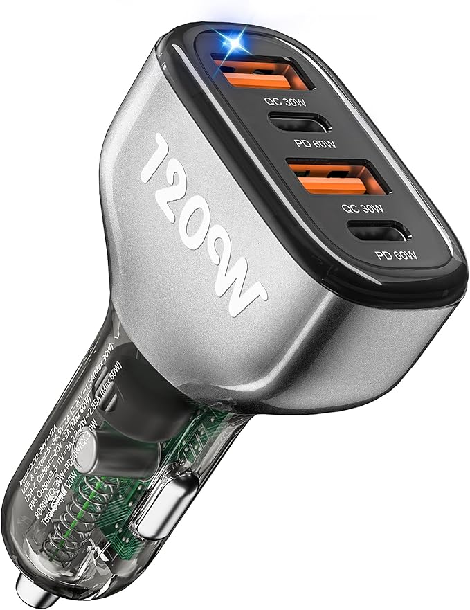 SONRU 4-Port USB C Car Charger, 120W 2*【PD60W+QC30W】 Cigarette Lighter USB Car Charger Adapter, Fast Car Phone Charger for iPhone 17/17 Pro Max/16/15/14 Series, Galaxy S24/23,iPad, Galaxy, Tablet