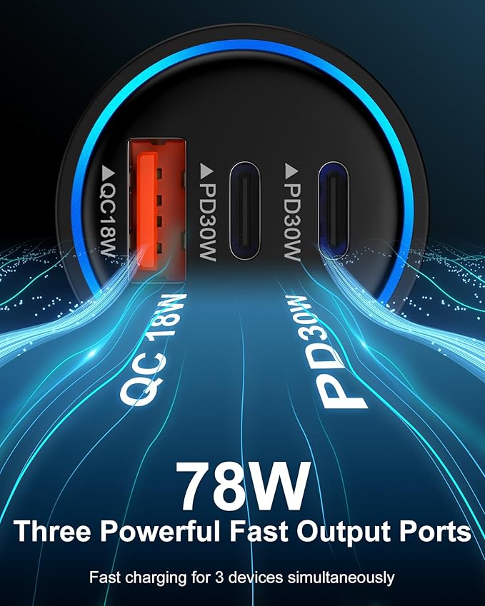 iPhone 16e 17e Car Charger Fast Charging, 78W 3-Port Super Fast Charge USB A & USB C Car Power Cigarette Lighter Adapter for iPhone 17/17e/Air/17 Pro/16/16e/16Pro Max/15/14/13/12, iPad, Samsung S26