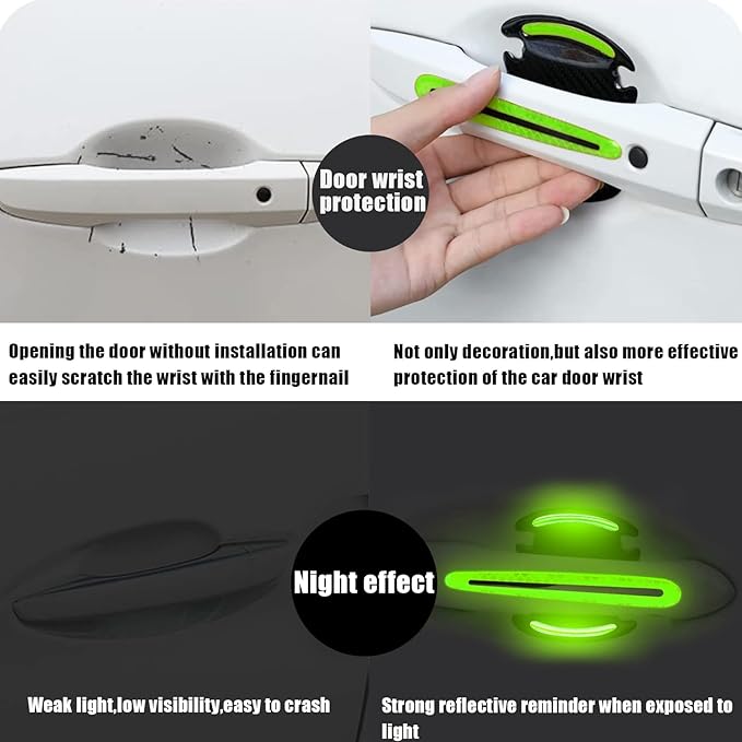 8Pcs Car Door Handle Protector Reflective Sticker,3D Carbon Fiber Universal Door Handle Scratch Protector Cover,Self-Adhesive & Non-Marking,Paint Guard Protective Films (Green)