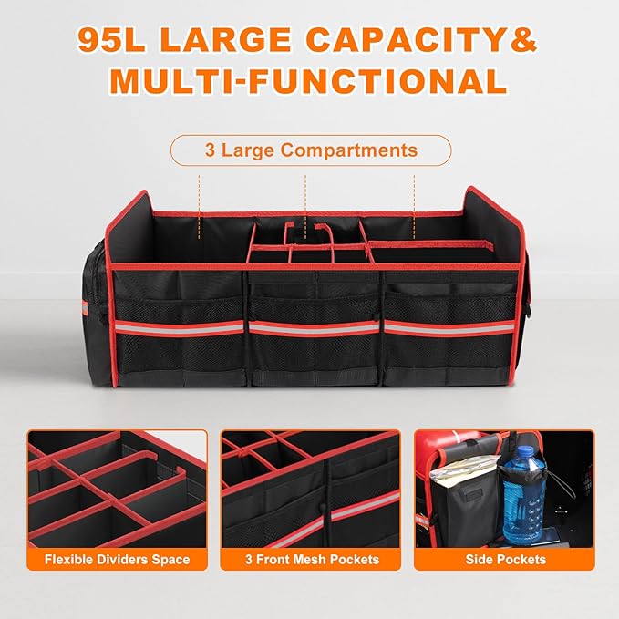 SKYJDM 95L Car Trunk Organizer with Removable Cooler Bag, Collapsible Trunk Storage Organizer with Removable Lid - Multi Compartment Waterproof Storage Organization, Fits Most Car, Truck, Red