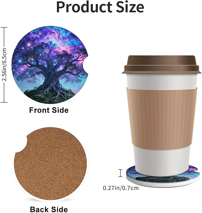HUWAAI Tree Life Sky Galaxy Car Cup Holder Coasters 2 Pack Universal 2.63 Inch Anti Slip Ceramic Absorbent Coaster with Cork Base and Finger Notch Cute Car Accessories Interior for Women