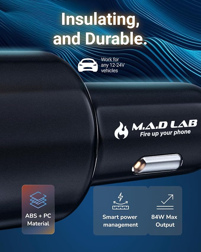 M.A.D Lab 84W Fast Car Charger USB C for Road Trips Family Travel, Smart Power Distribution & Overheat Protection, Dual 33W USB-C & 18W USB-A, Multi-Port for iPhone 16, iPad, Android, Galaxy and More