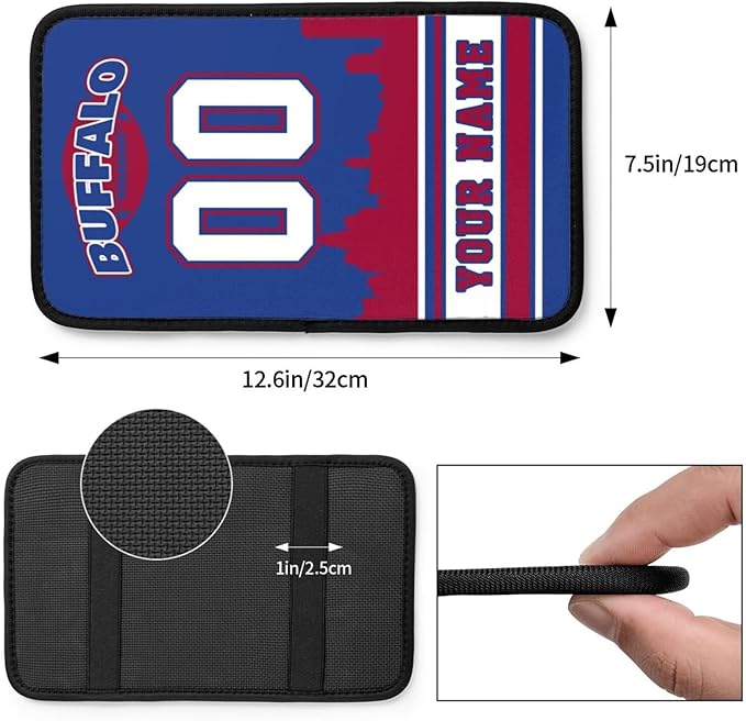 Custom Buffalo Car Armrest Covers Personalized Football Style with Name Number Customized Auto Center Console Pad Car Handrail Box Cushion for Most Vehicle Decor Accessories, Fans Gift