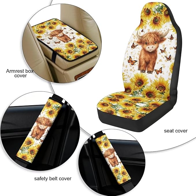 Qeluxign 5 Piece Car Seat Covers Full Set for Men Women PU Leather Front Seats Cover Auto Seatbelt Shoulder Pads Vehicle Center Console Armrest Cover,Highland Calf Sunflower Butterfly