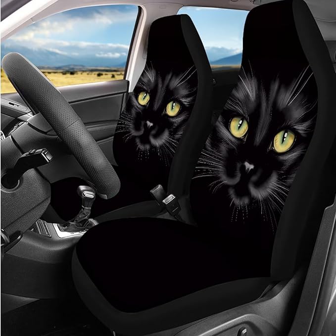Dngkaoje Black Cat Car Seat Covers Full Set 13 Pcs Auto Seat Accessories with Animals Cat Print Hanging Trash Bag,Seatbelt Shoulder Pads,Universal Auto Front and Rear Split Bench Seat Covers Set