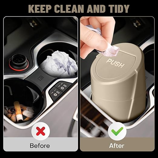 SGLRT Car Trash Can Bin with Lid - Car Garbage Can Cup Holder - Beige Mini Leakproof Vehicle Trash Garbage Can Bin with 20pcs Trash Bags-Car Organizers and Storage for Front Back Seat Accessories