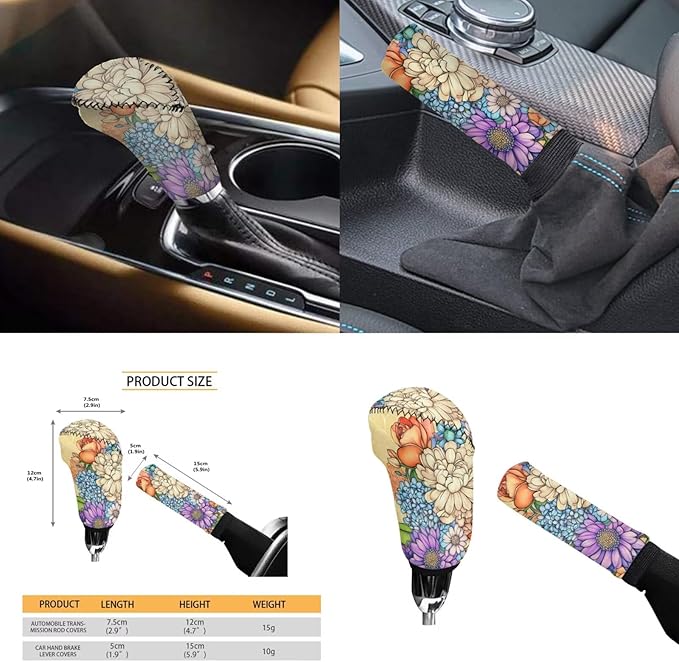 Flower 6pcs Car Accessories for Women Chrysanthemum Print Steering Wheel Cover Car Armrest Cover Handbrake Coer Auto Interior Sets
