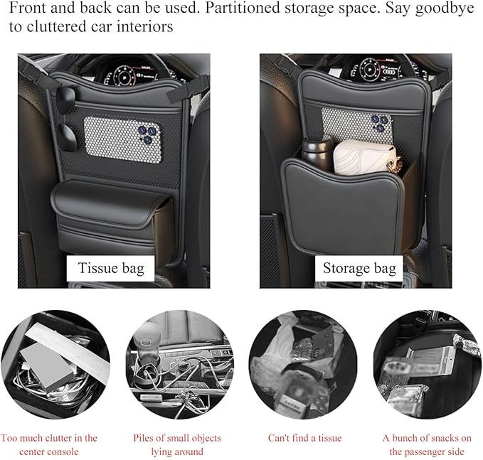 Car Organizer Storage Between Seats, Leather Large Capacity Automobile Handbag Hanging Store Content Bag, Auto Console Organizer Holder for Snack Phone Document Storages, Car Accessories (Gray)